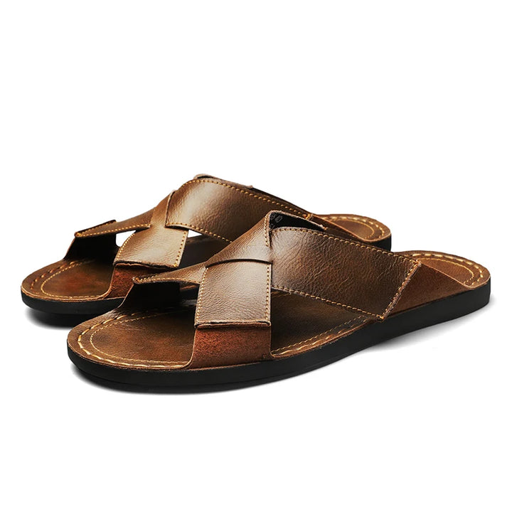 Men's Leather Open Toe Home Slippers Plus Size Black Brown