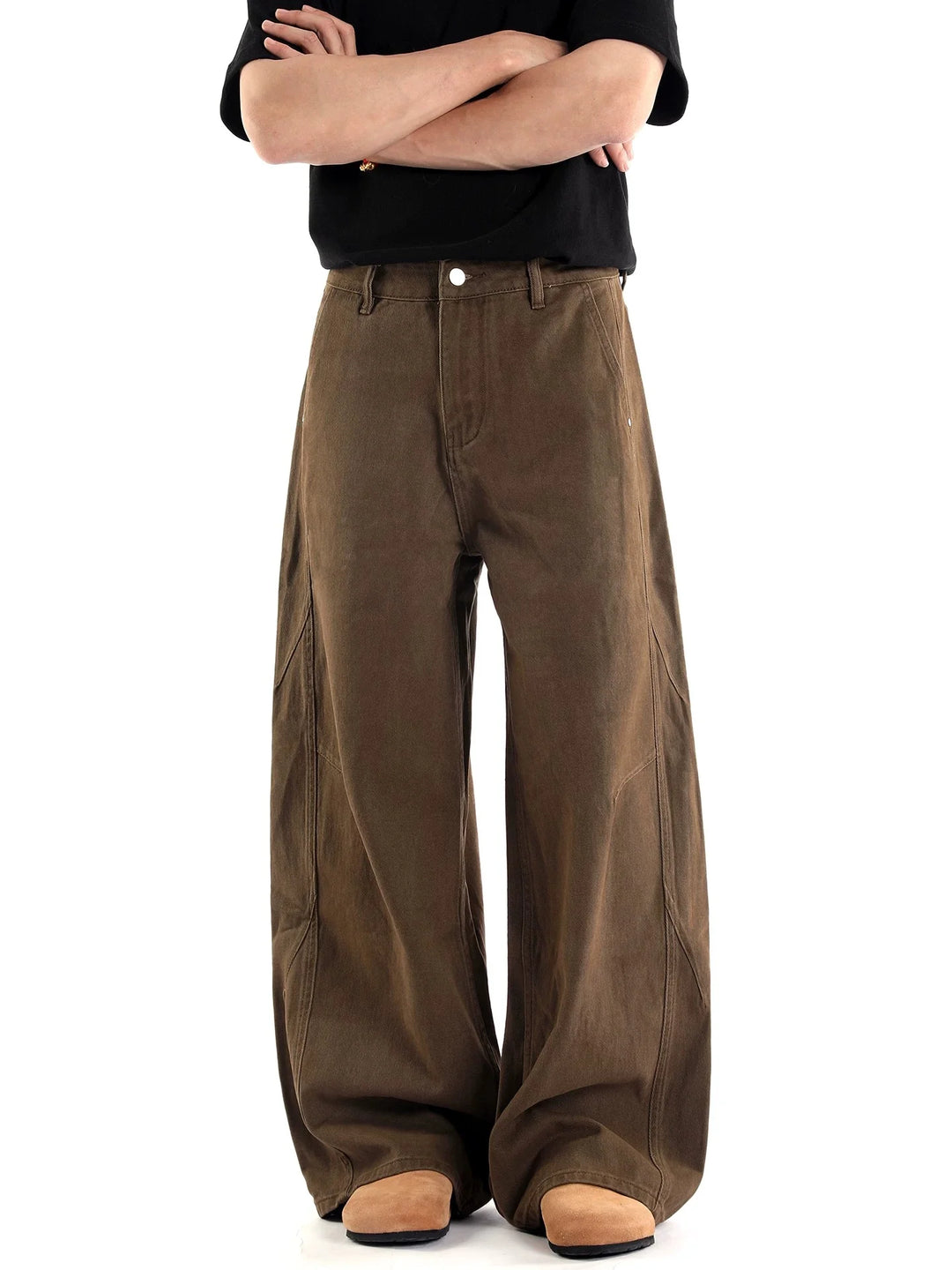 Men's Retro Curved Knife Wide-Leg Denim Pants Khaki Brown