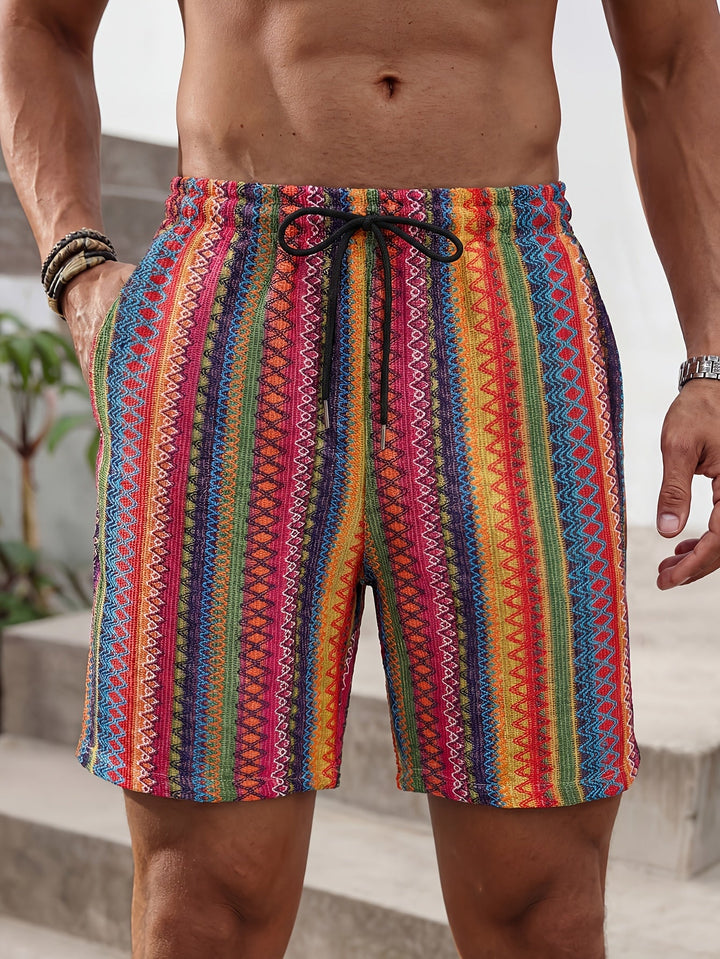Men's relaxed fit Aztec stripe shorts shown from the back
