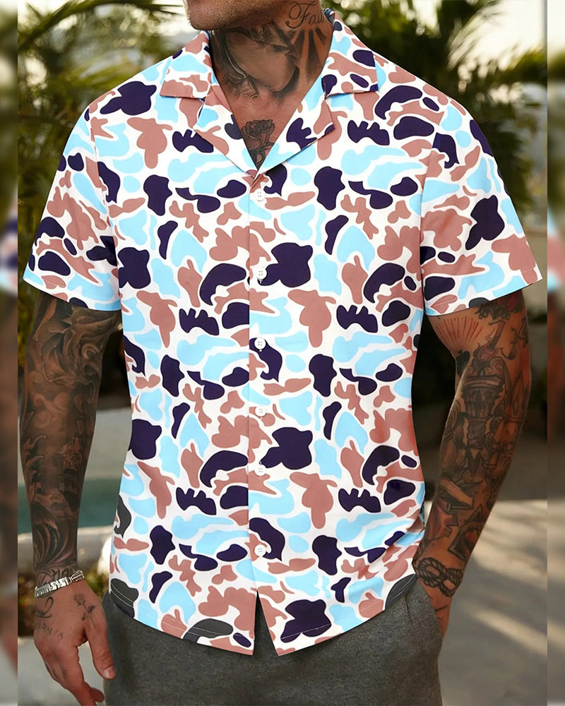 Men's casual fit camo shirt shown from the side