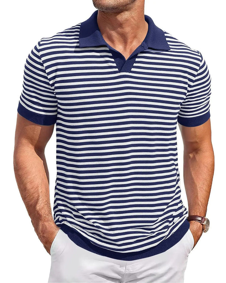 Men's striped polo shirt with polo collar and casual fit, front view