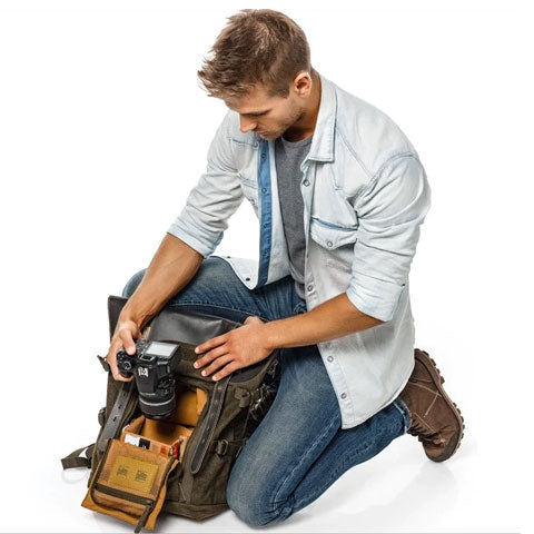 Canvas Leather Camera Backpack Vintage Khaki Green