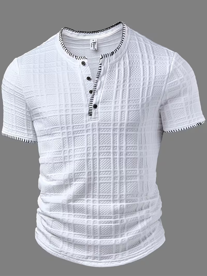 Men's textured Henley T-shirt paired with casual everyday trousers