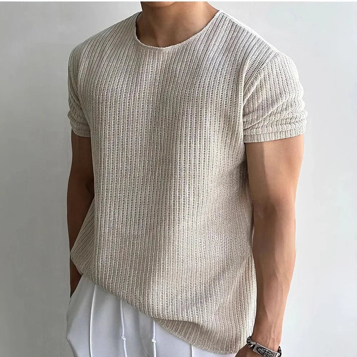 Rib-Knit Crewneck Cuffed Sleeve T-Shirt