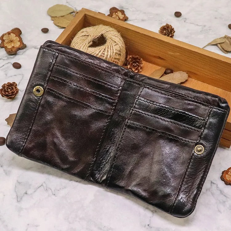 Leather Folded Wallet With Brass Snap Closure