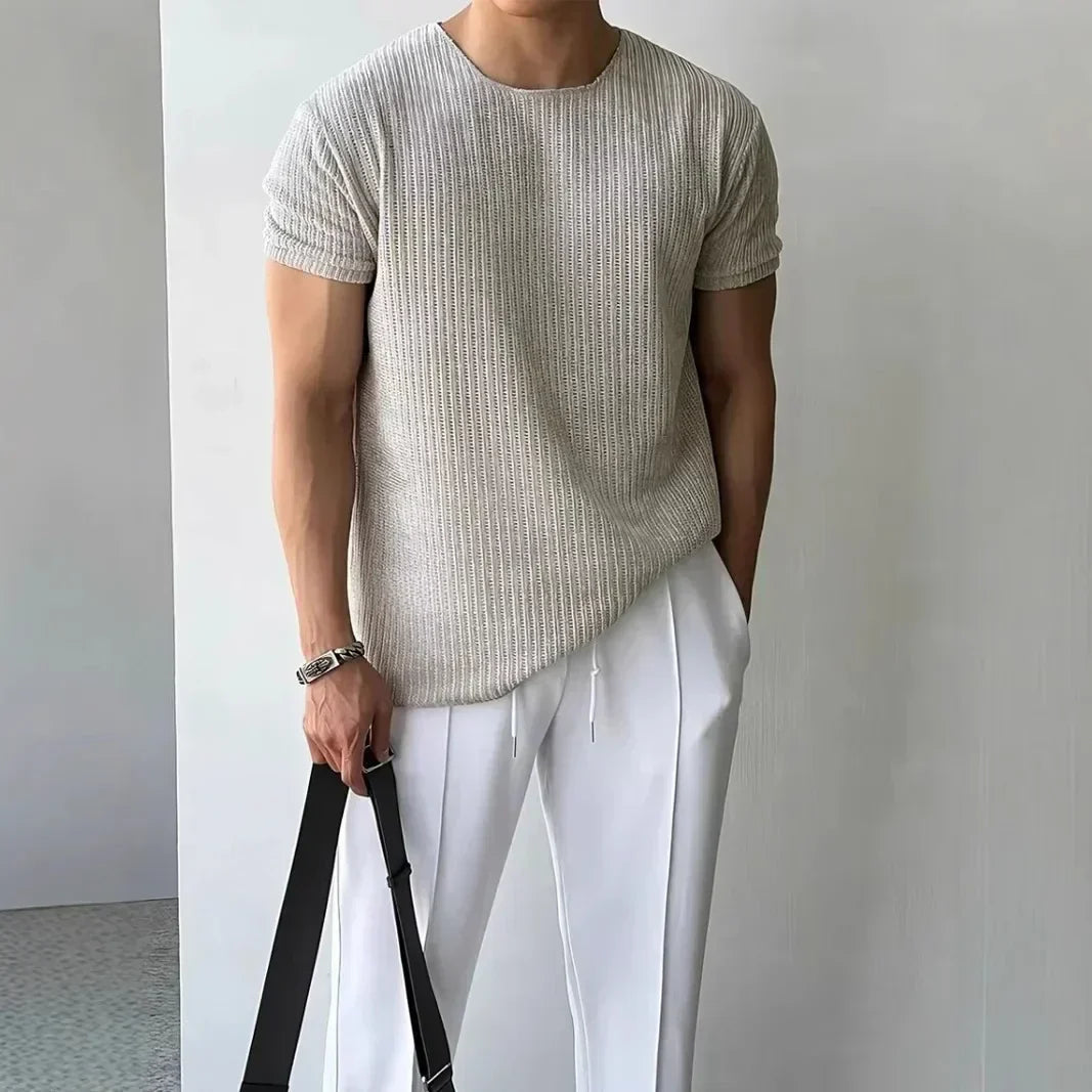 Rib-Knit Crewneck Cuffed Sleeve T-Shirt