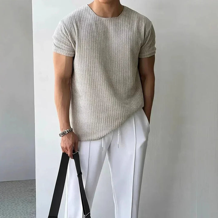 Rib-Knit Crewneck Cuffed Sleeve T-Shirt