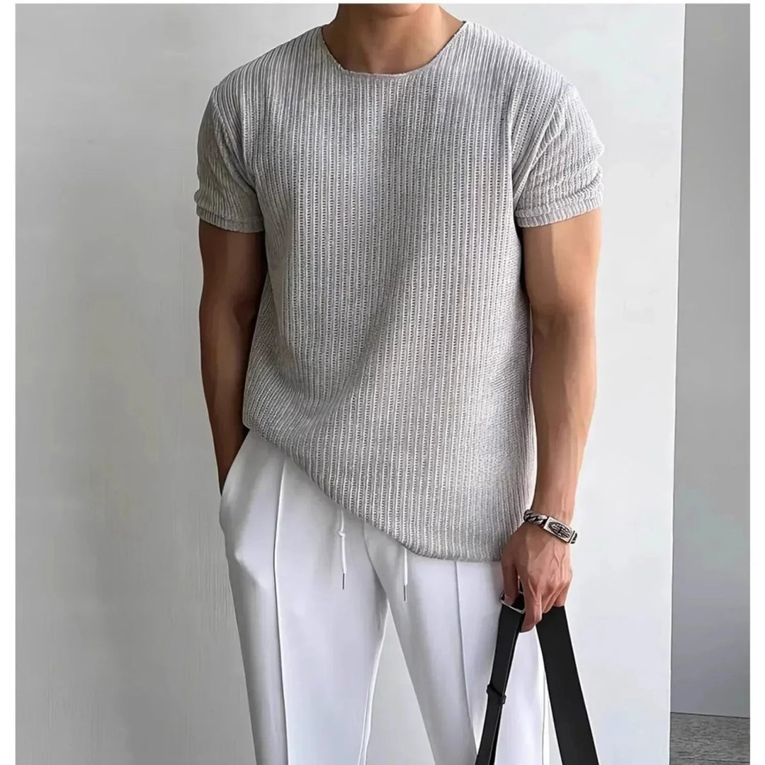 Rib-Knit Crewneck Cuffed Sleeve T-Shirt