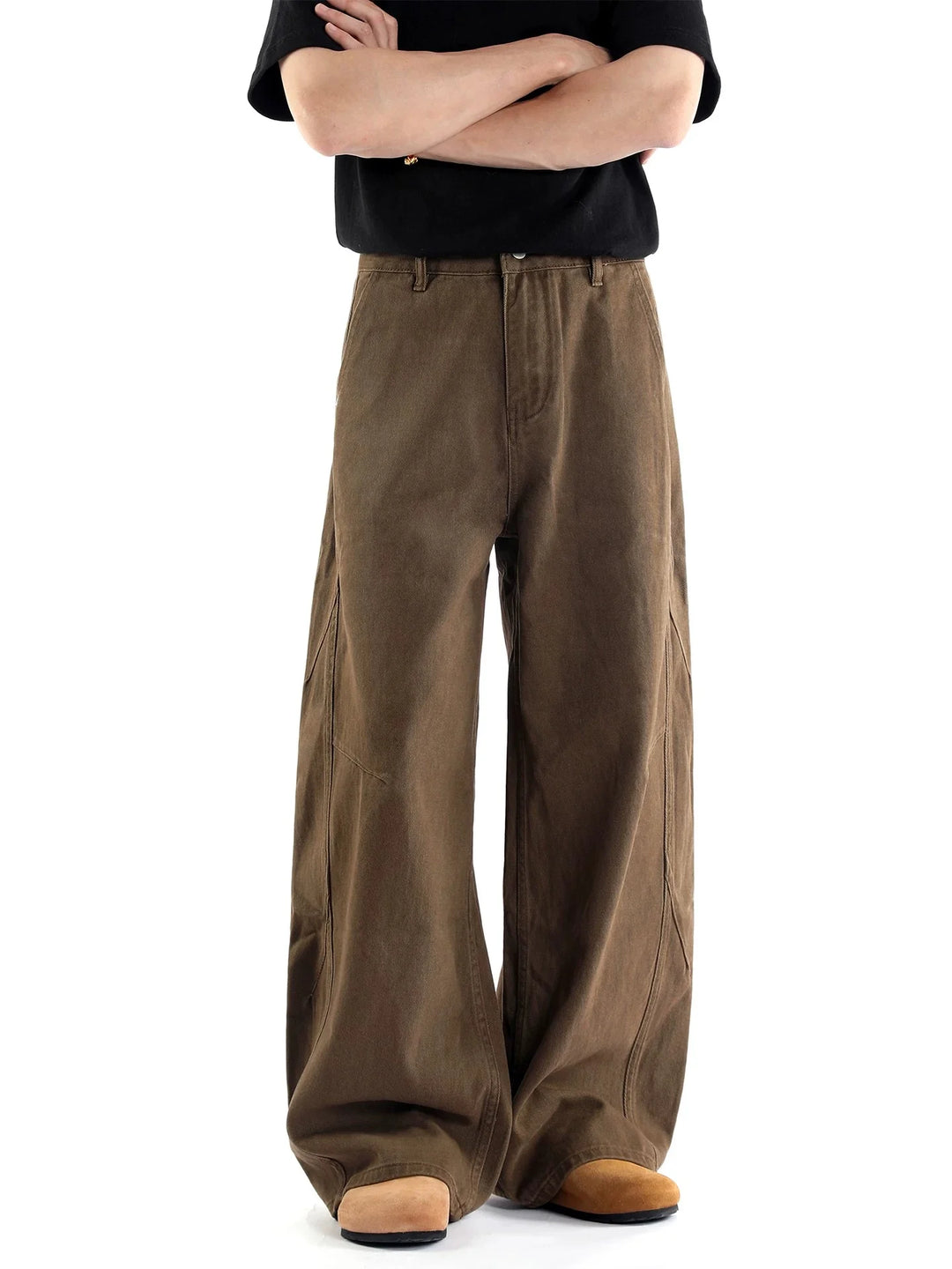Men's Retro Curved Knife Wide-Leg Denim Pants Khaki Brown