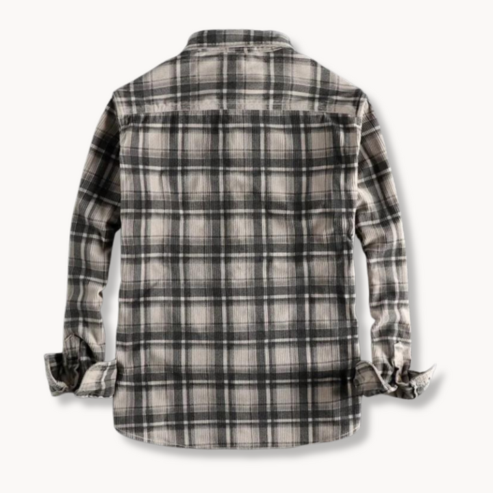 Side view of the men's checked flannel shirt