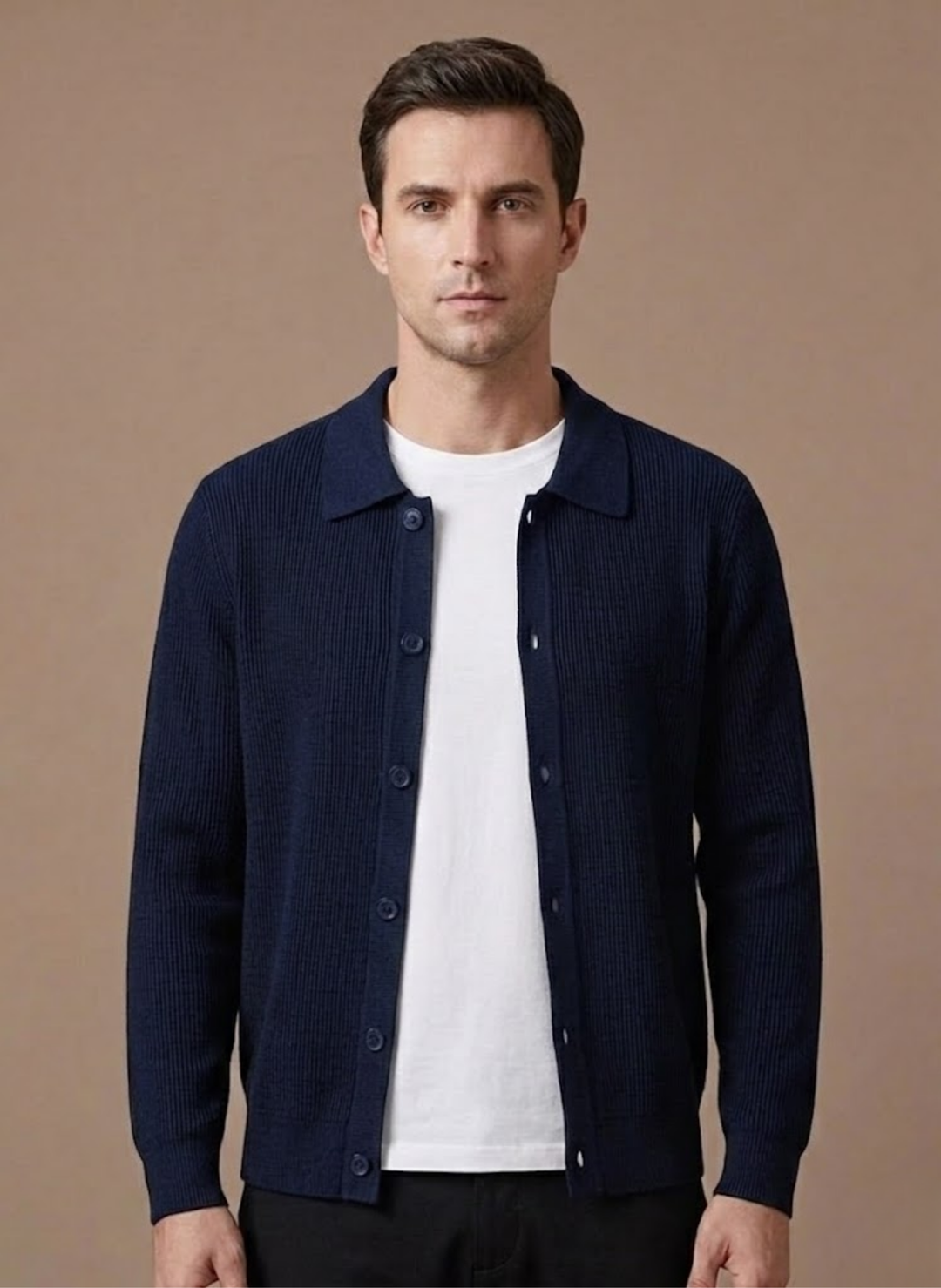 Close-up view of the men's cardigan neckline and front