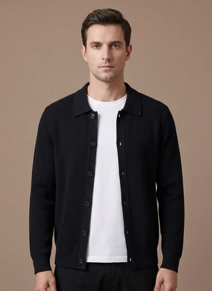 Men's relaxed-fit long-sleeve cardigan shown from the front