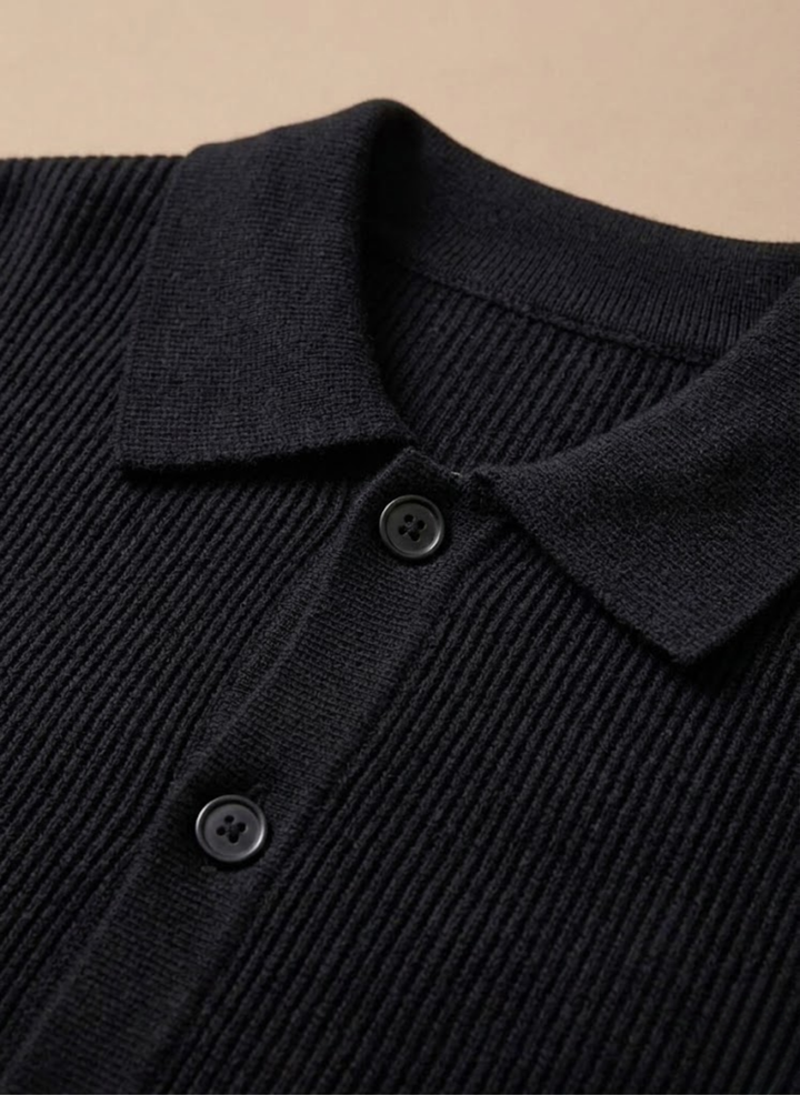 Men's cardigan displayed for a clear view of its relaxed fit