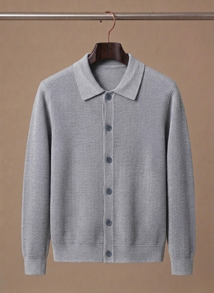 Men's long-sleeve cardigan shown as a layering piece