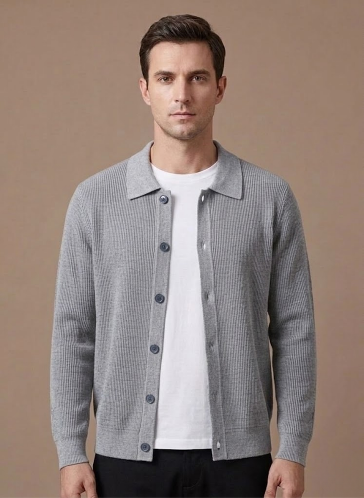 Men's relaxed-fit long-sleeve cardigan shown from the back