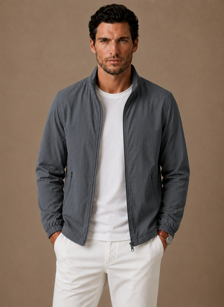Men's mesh-lined bomber jacket shown from the back