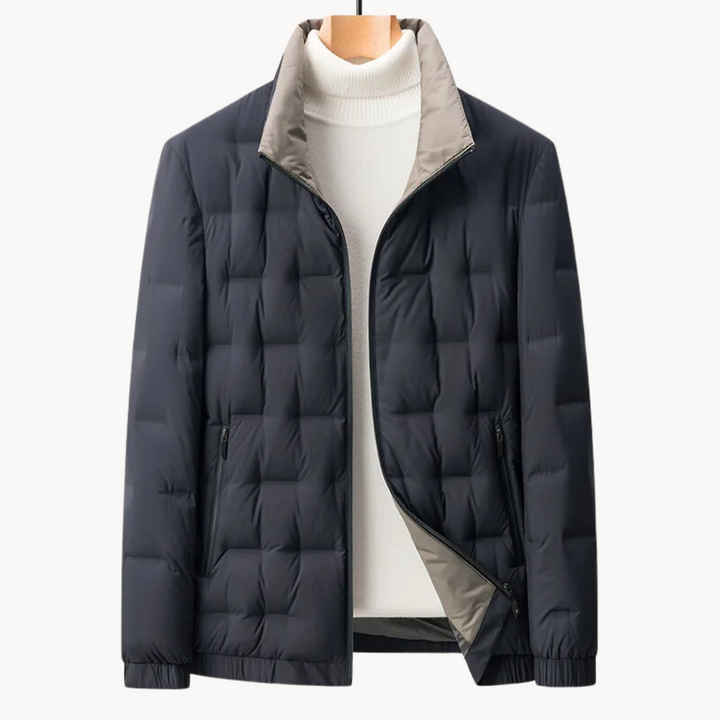 Men's quilted jacket shown at an angle to highlight its shape