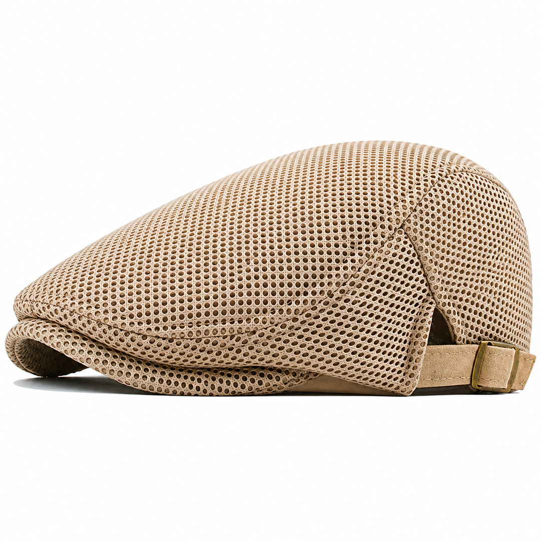 Men's mesh flat cap in a casual adjustable design shown from the front