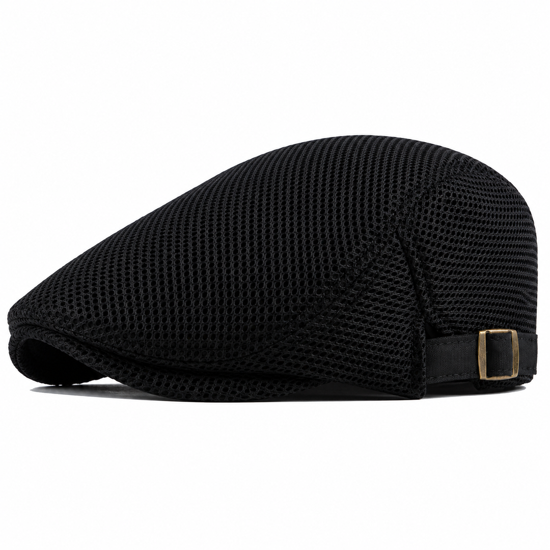 Rear view of men's adjustable mesh flat cap