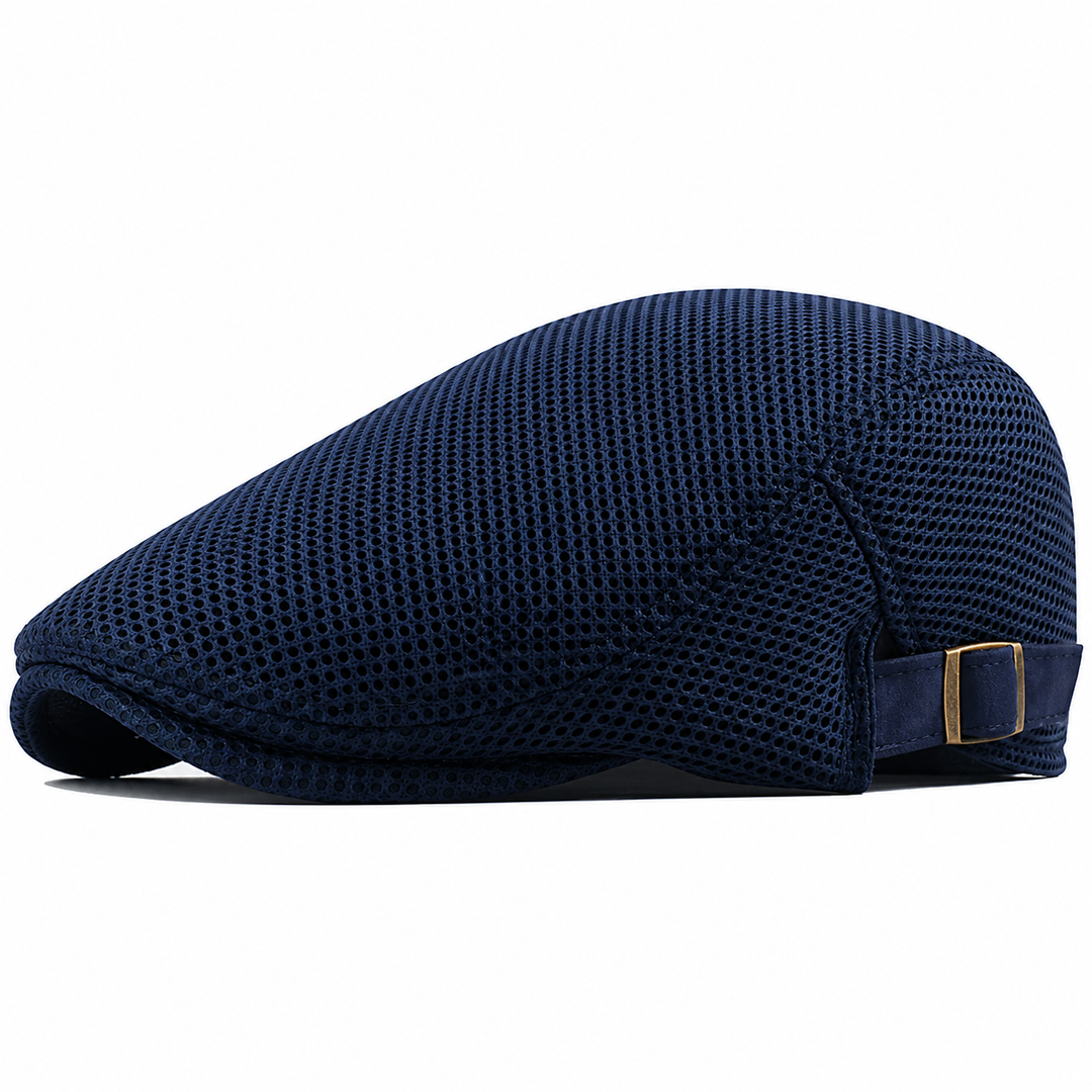 Men's adjustable casual flat cap with mesh panels shown at an angle