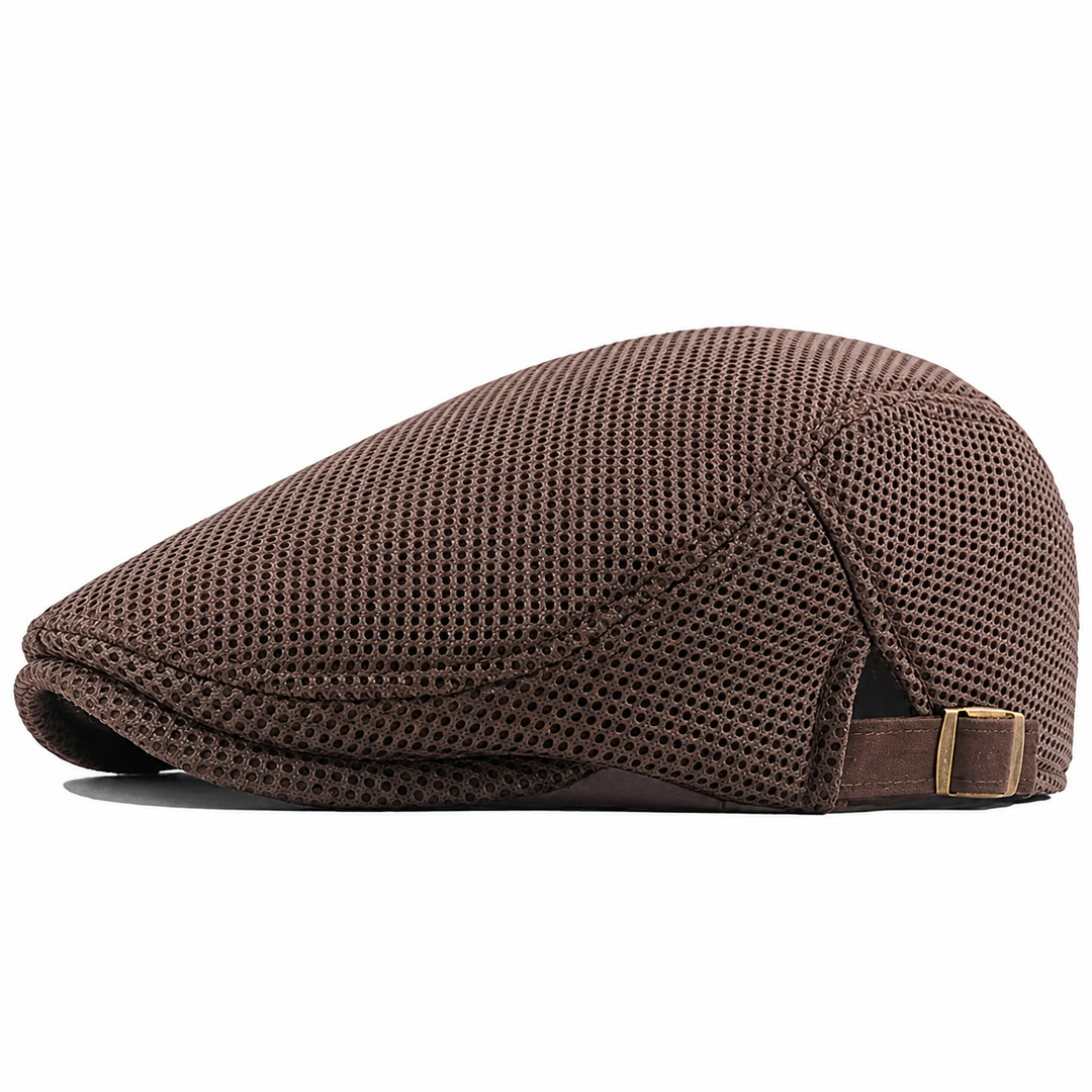 Men's breathable mesh flat cap shown from the side