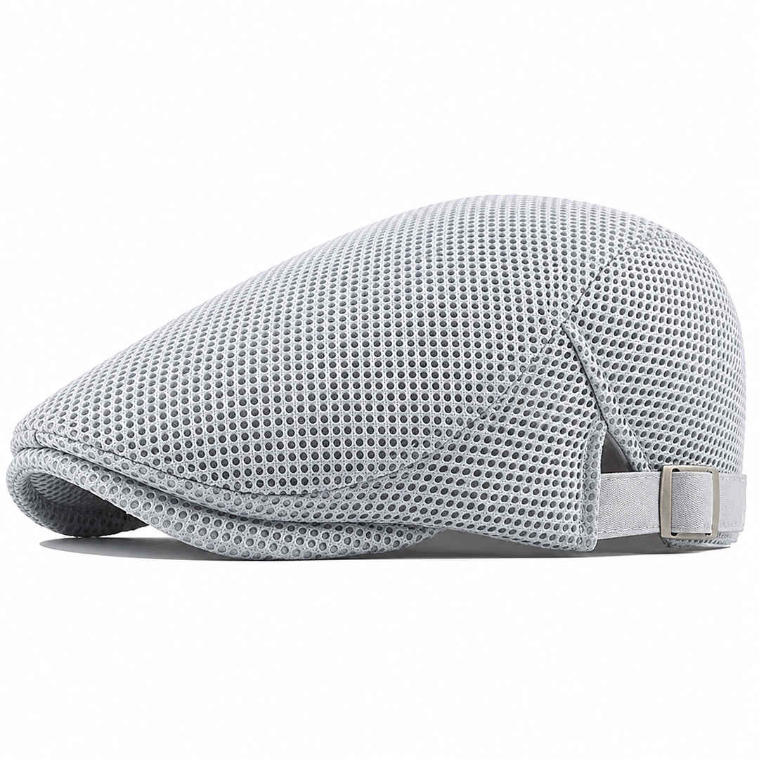 Top view of men's mesh flat cap with classic flat crown
