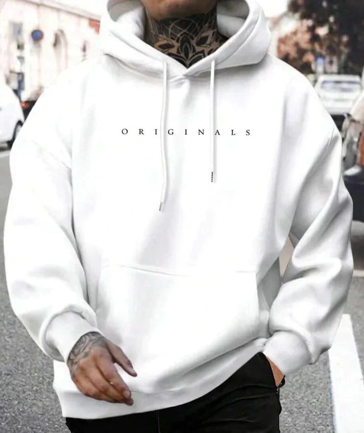 Close-up of the men's hoodie drawstring hood and neckline