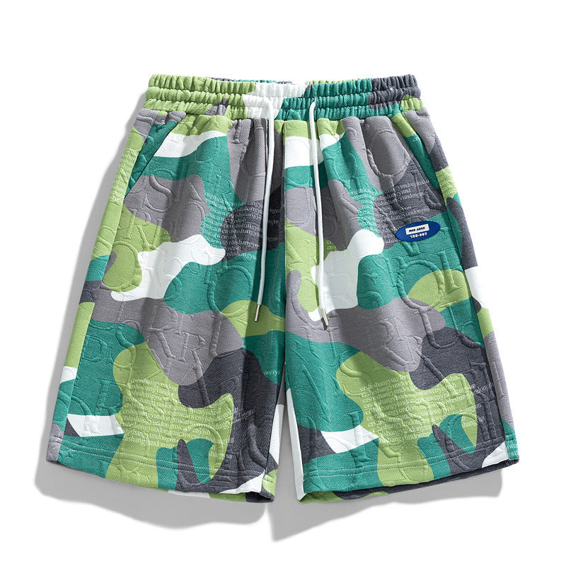 Men's camo relaxed fit shorts shown from the back on a white background