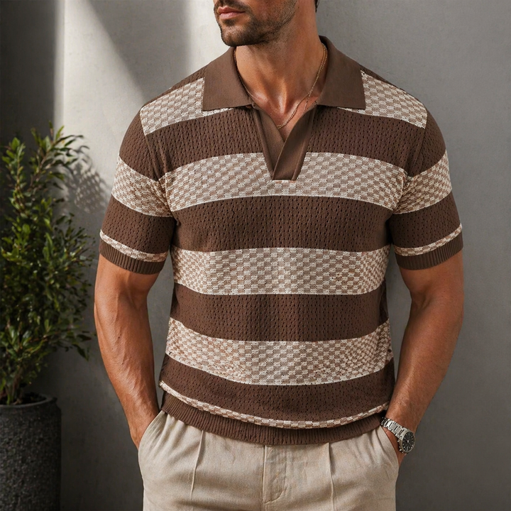 Men's striped knit polo shirt shown from the front with collar and short sleeves