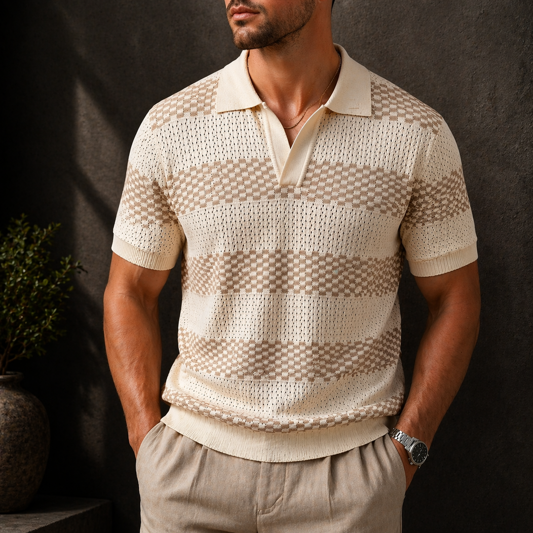 Close-up of the striped knit texture, collar and buttoned placket on the men's polo shirt