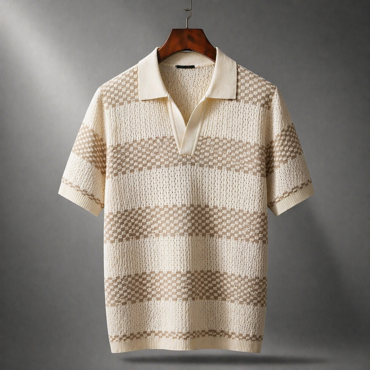 Men's striped knit polo shirt styled on a model for a smart-casual outfit