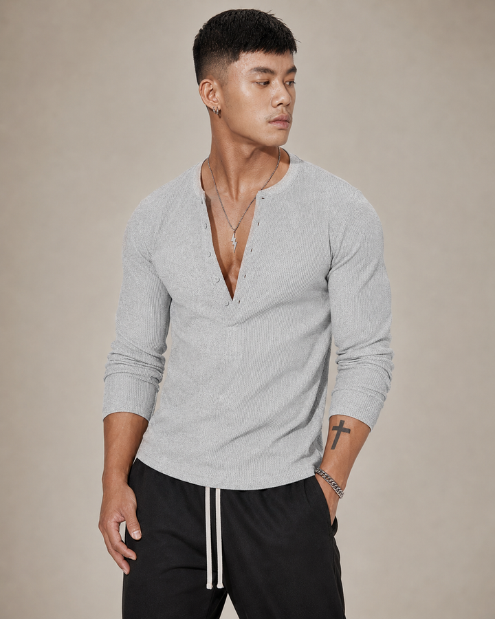 Full product view of the half button knit jumper