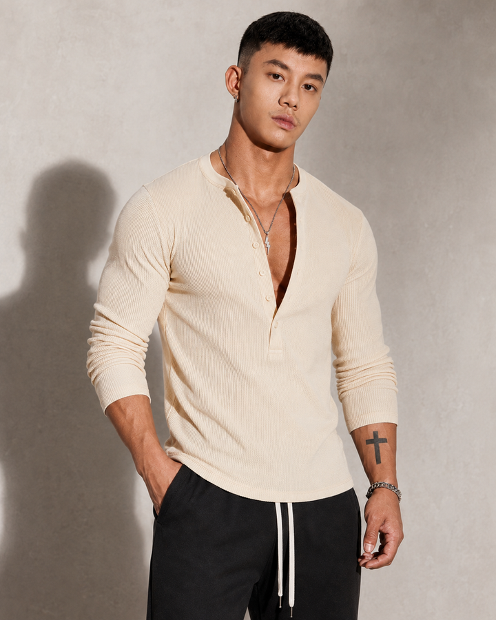 Men's ribbed knit half button jumper shown from the front