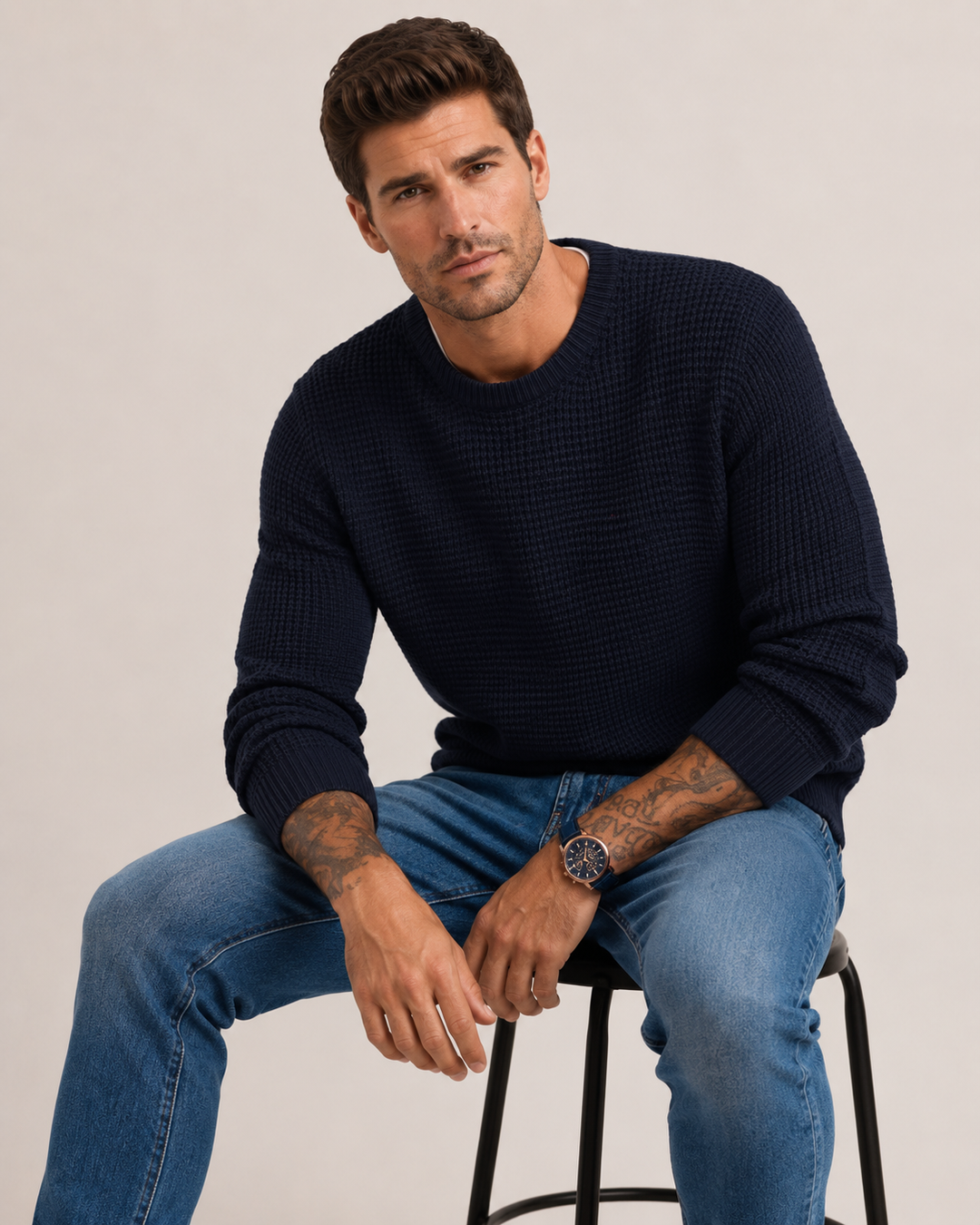Detailed view of the hem on a men's structured knit pullover