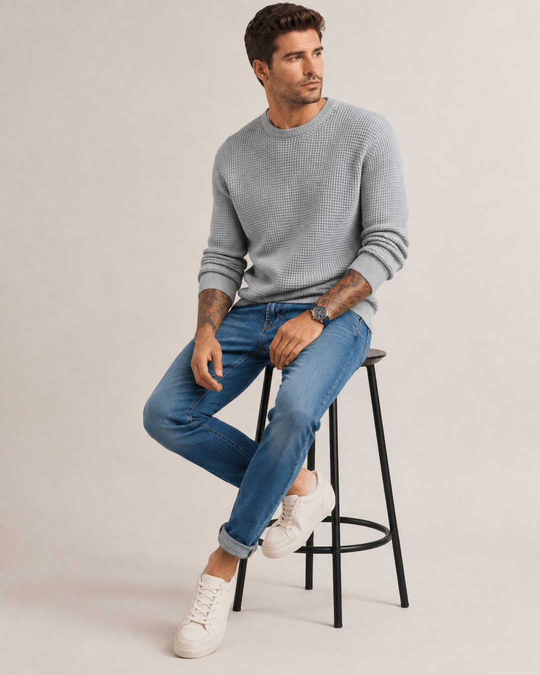 Men's pullover showing the crew neckline and long sleeves