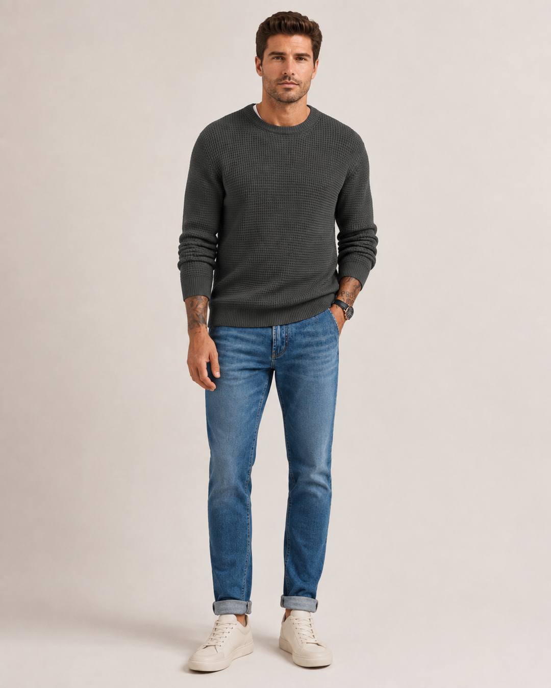 Back view of the men's structured knit pullover
