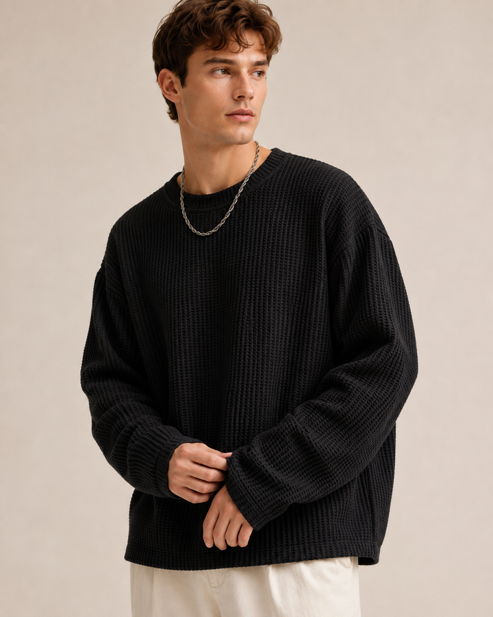 Men's waffle texture relaxed fit pullover shown from the front