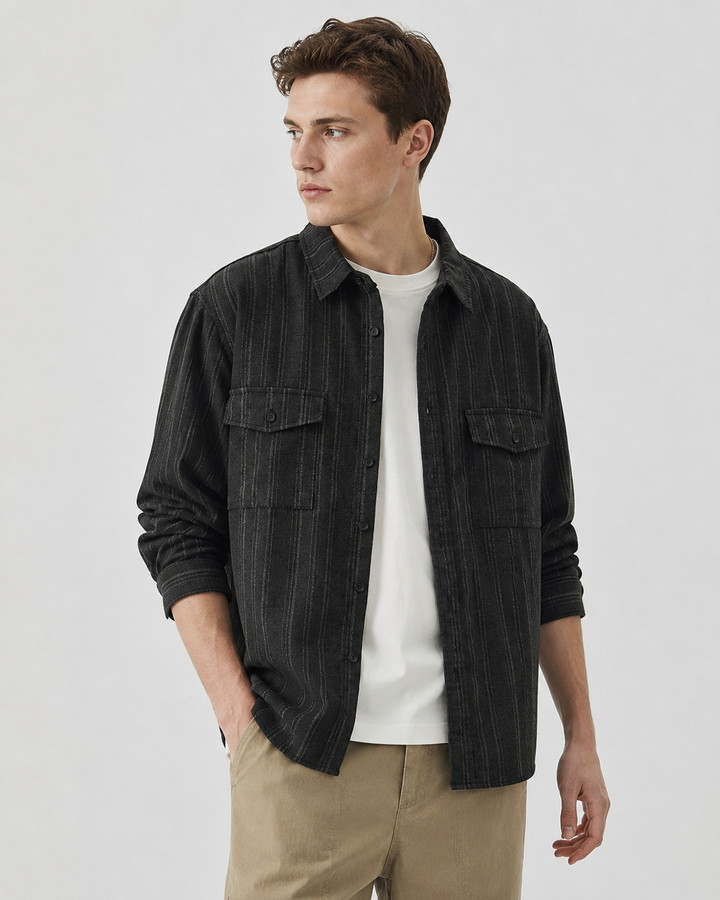 Detail of the collar and button front on a men's overshirt