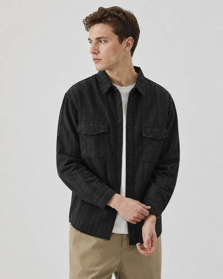 Men's cord overshirt styled as a casual layering piece