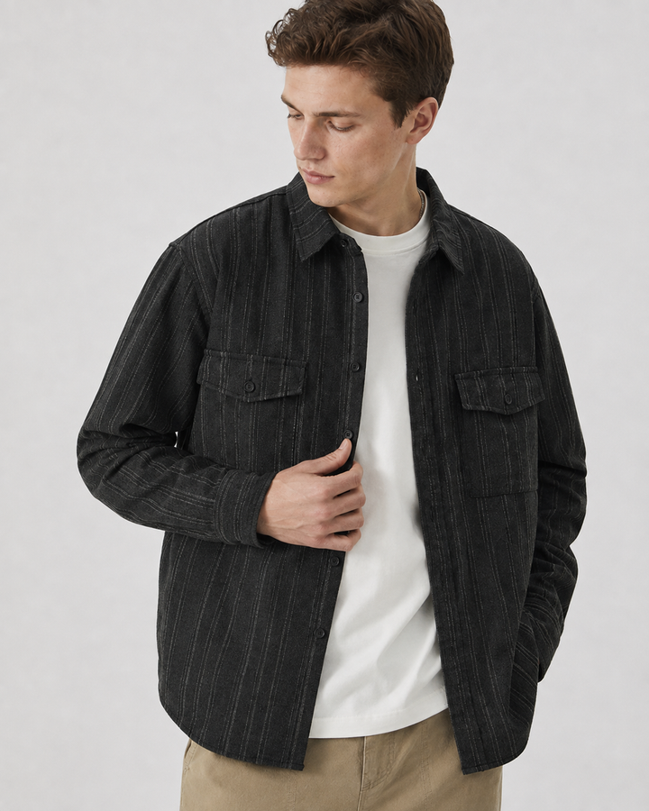 Side view of a men's cord overshirt with long sleeves
