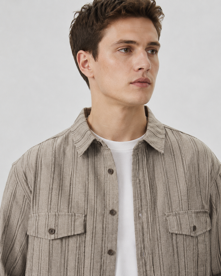 Close-up of the chest pockets on a textured cord overshirt