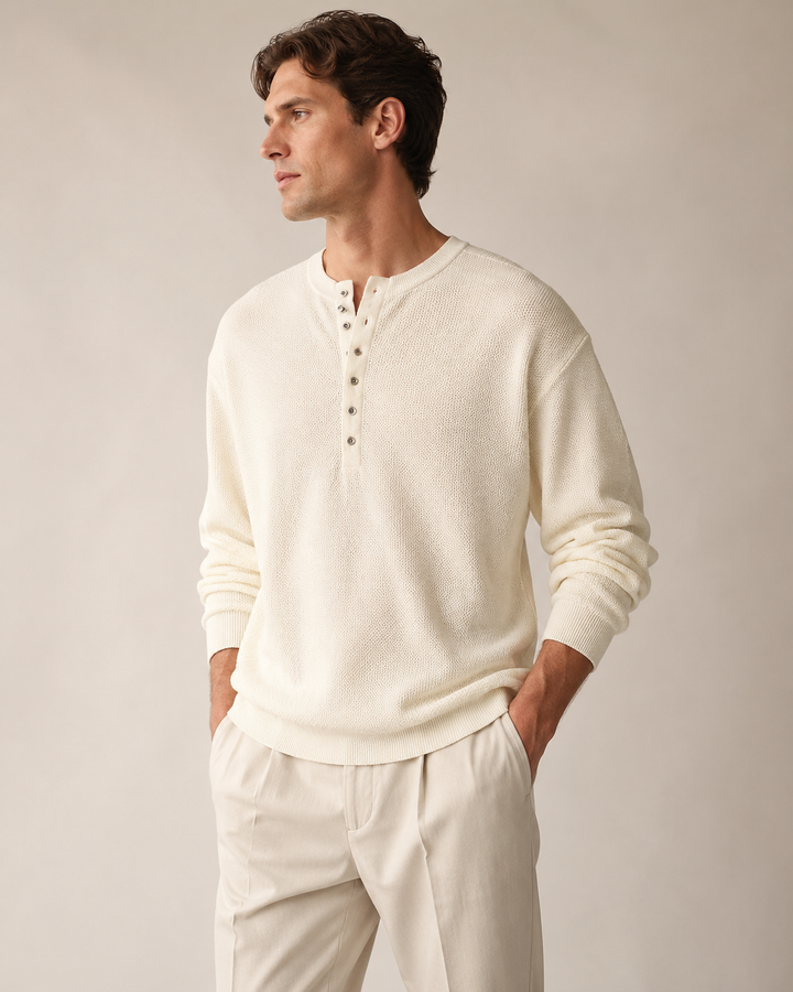 Men's textured knit Henley top shown from the front