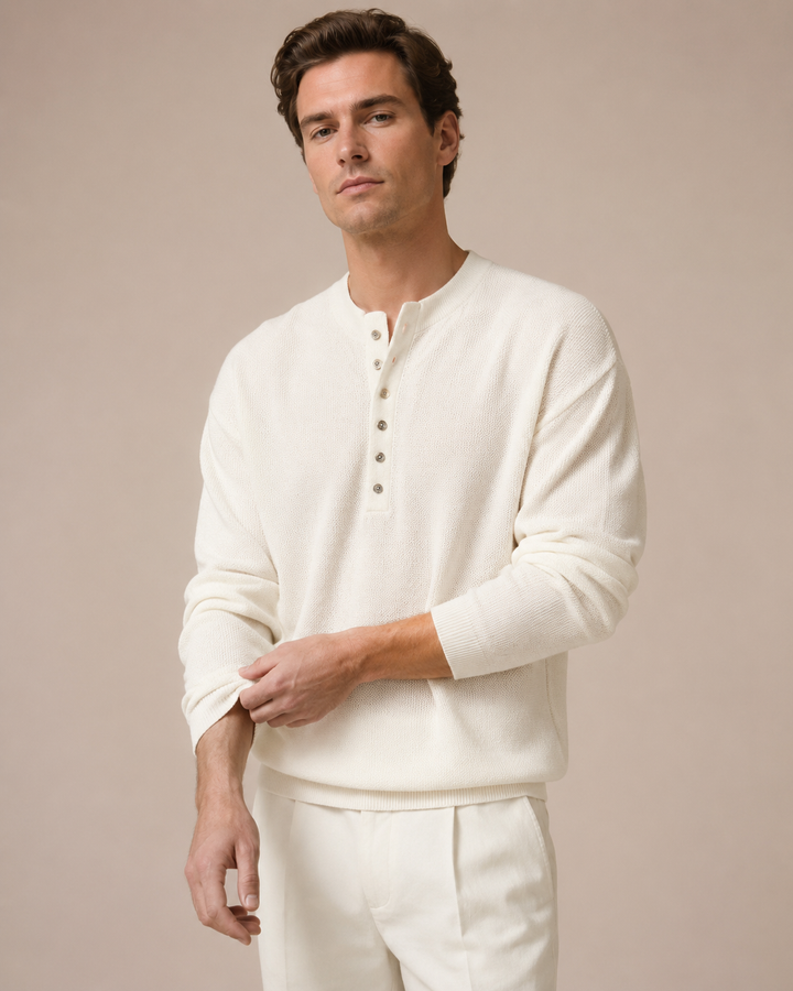 Close-up of the textured knit fabric on a men's Henley top