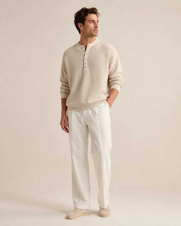 Full view of the men's textured knit Henley top