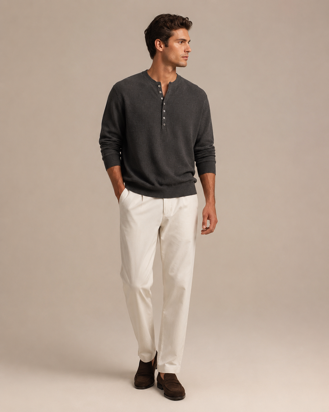 Men's Henley top styled for a smart-casual outfit