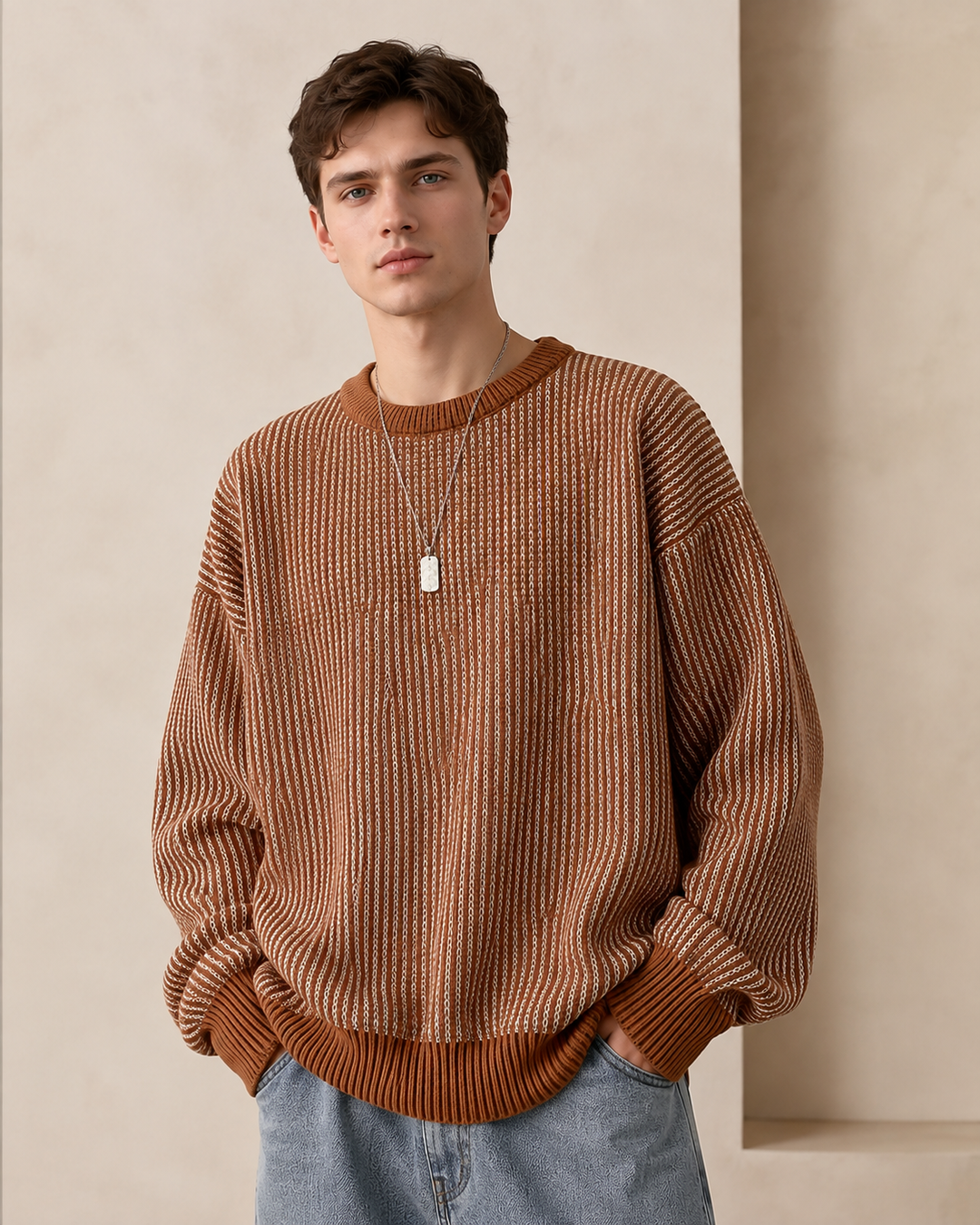 Men's Textured Stripe Crew Neck Jumper