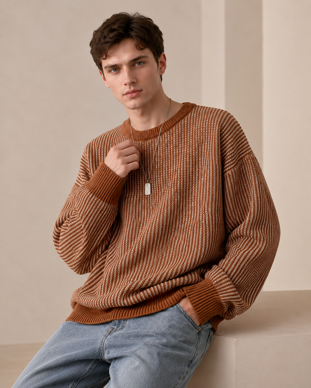 Full view of the men's textured stripe jumper
