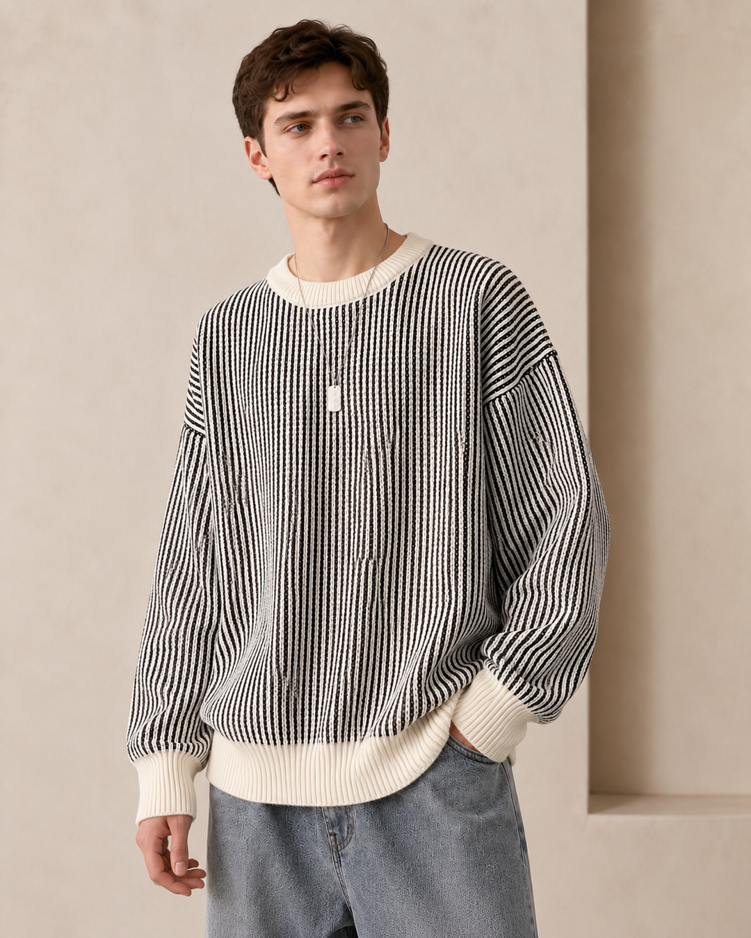 Long sleeves on a men's textured stripe crew neck jumper
