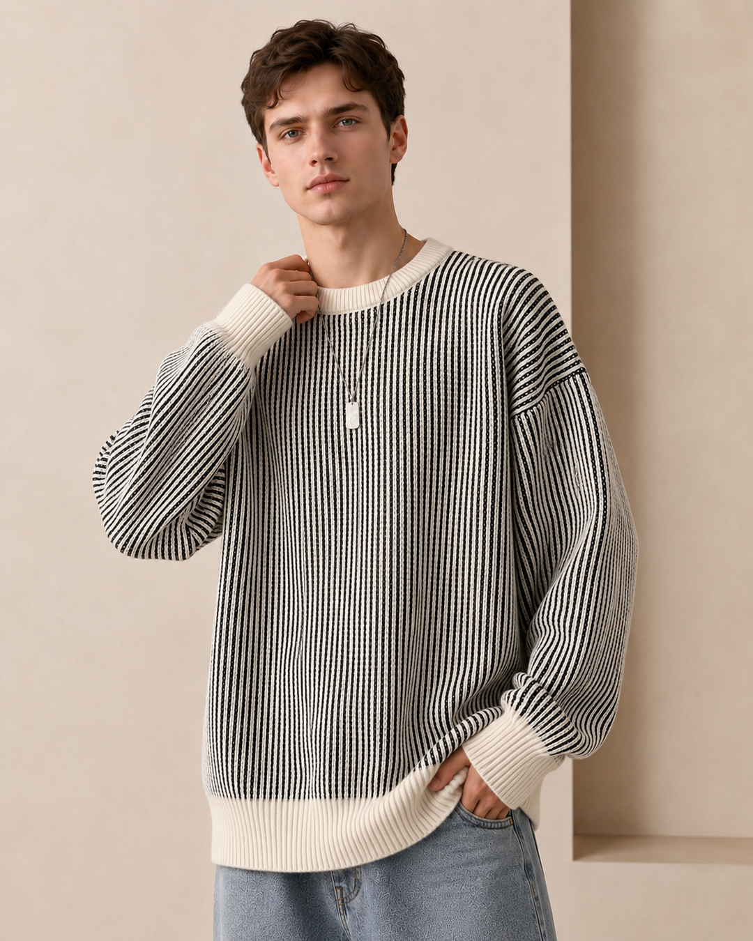 Men's Textured Stripe Crew Neck Jumper