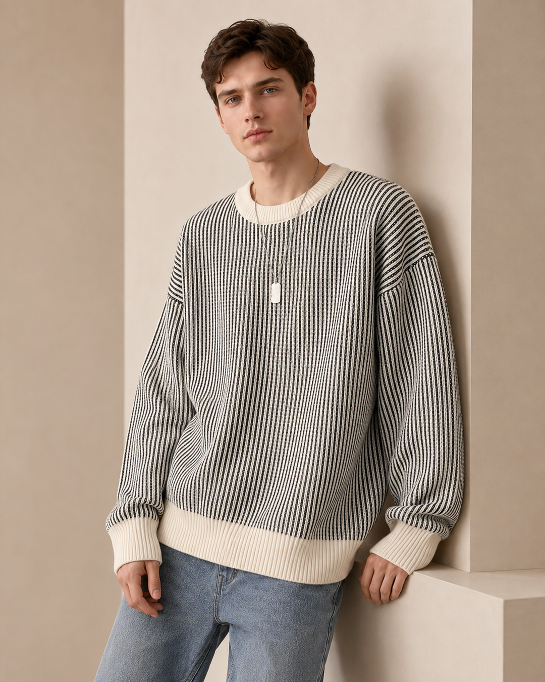 Men's jumper showing the ribbed crew neckline